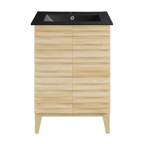 Image of Swiss Madison Cascade 24 in. Natural Oak Bathroom Vanity with Black Ceramic Sink Top