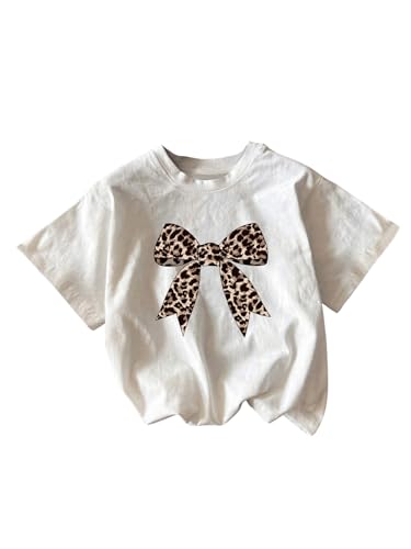 Girl's Graphic T-Shirt Y2k Bow Leopard Print Trendy Crewneck Short Sleeve Cute Summer Tees