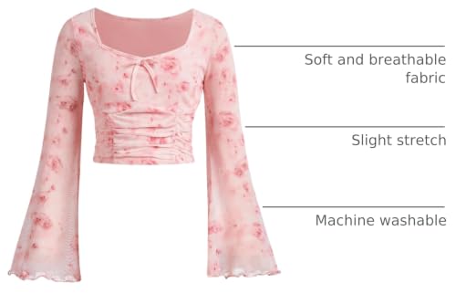 Image of Milumia Girl's Floral Print Bowknot Bell Sleeve Crop Tops Square Neck Ruched T Shirts