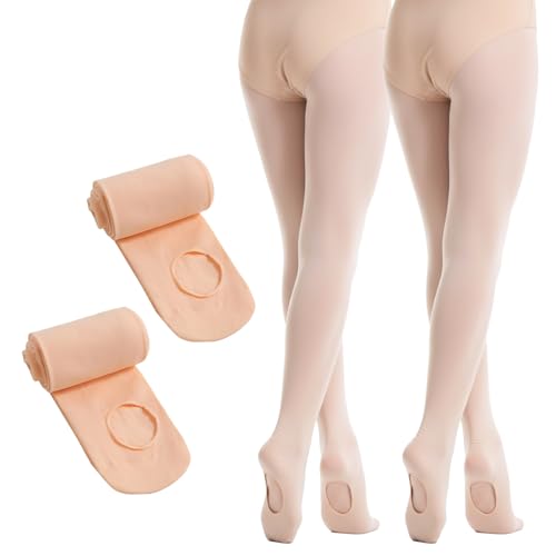 viiotu 2 Pairs 60D Girls Ballet Tights - Ultra Soft Convertible Dance Tights with Elastic Waist & Reinforced Crotch (UK Age 12 Years 16 Years Regular Pink 2 Pairs)