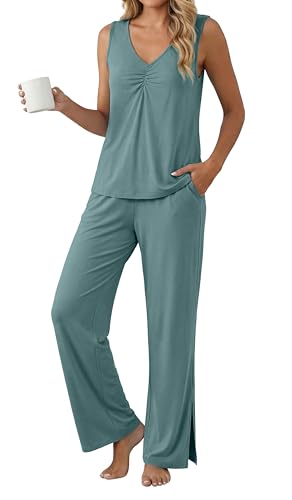 PrinStory Womens Pajama Sets Soft Knit Pjs 2 Piece Sleeveless Pajama Set Summer Lightweight Pj with Pockets Haze Blue-3XL — view 4
