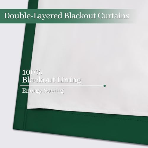 Yakamok 100% Blackout Curtains Dark Green Room Darkening Thermal Insulated with 2 Thick Layers-Hunter Green Window Drapes Set of 2 Panels for Bedroom Living Room 52 Inches by 96 Inches Length