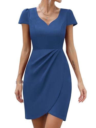 Missufe Women's Short Sleeve Sweetheart Ruched Fitted Wrap Mini Summer Party Formal Dress
