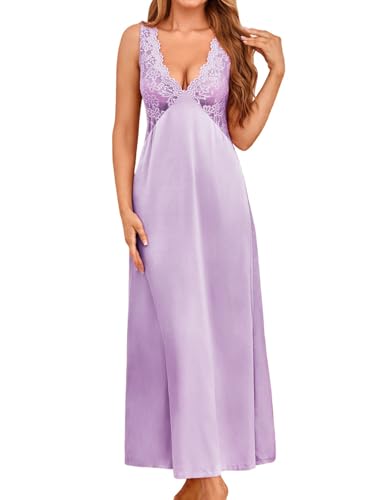 Image of WDIRARA Women's Satin Sleepwear Nightgown | Lace, Backless, Deep V Neck, Sleeveless, Long