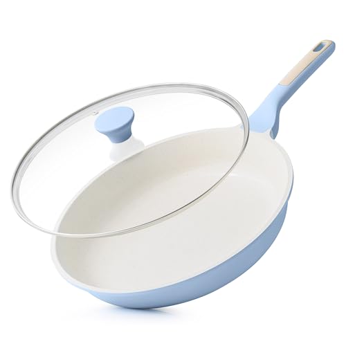 Image of SENSARTE Nonstick Ceramic Frying Pan with Lid 11 Inch Omelet Pan Skillet, Free of Intentionally Added PFAS /PTFE Non-toxic Chef's Pan Induction Compatible Pan, Heat Resistant Handle, Glacier Blue