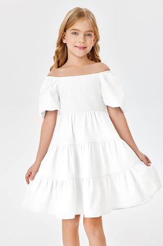Batermoon Girls Boho Square Neck Puff Sleeve Off Shoulder Smocked Tiered Casual A Line Short Mini Dress4