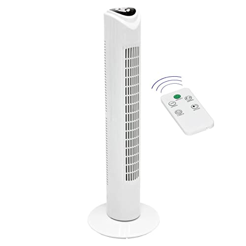 JUNG TV30 Ventilator leise mit Fernbedienung + 7 Std Timer 80cm groß, weiß/schwarz, Turmventilator mit Schlafmodus, Lüfter Standventilator für Schlafzimmer, Lautstärke max 48dbA, Oszillation