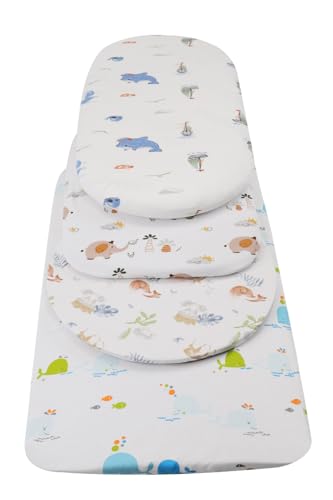 Image of Bassinet Sheets Compatible with Halo Bassinest Swivel, Flex, Glide, Premiere & Luxe Series Sleeper Mattress, 2 Pack, 100% Jersey Knit Cotton 190GSM, Ultra Soft Breathable, Fox Deer and Elephant