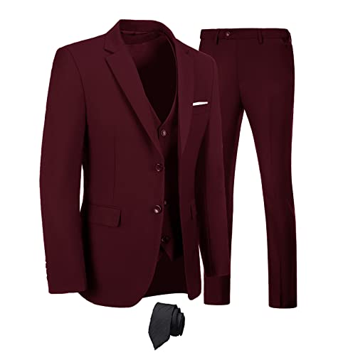 Image of Furuyal Men's Suits 3 Piece Slim Fit Suit Set,Two Button Wedding Business Tuxedo Solid Blazer Jacket Vest Pants with Tie