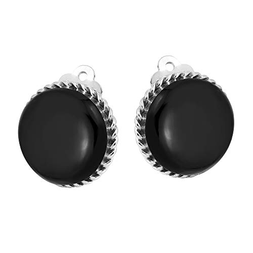 AeraVida Vintage 18 mm Round Simulated Black Onyx Button .925 Sterling Silver Clip On Earrings | Classic Sterling Silver Cuff Earrings for Women2