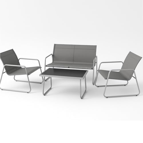 BAKAJI Set Salotto da Giardino con 2 Sedie, Divano e Tavolino con Rivestimento in Tessuto Traspirante, Poltrone da Esterno con Tavolo e Divanetto, Ideale Patio, Balcone, Bistrot, Ristorante (Grigio)