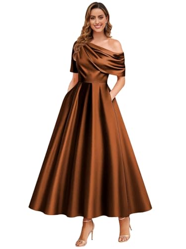 Tea Length Satin Mother of The Bride Dresses for Women One Shoulder A Line Formal Wedding Guest Dresses with Pockets