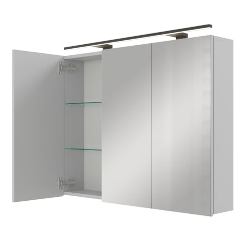 Planetmöbel ARIA Spiegelschrank Bad mit Beleuchtung 90 cm breit | Badschrank hängend mit Spiegel | Weiß Grau, mit Leuchte und Steckdose, Spiegelschrank Gäste WC 90 x 70 x 16 cm