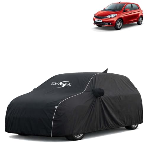 Image of KINGSWAY Super Waterproof Car Cover Only with Tata Tiago (Year 2016 to 2020 - All Model) | Mirror and Antenna Pockets | All Weather Car Body Cover with Silver Piping | Black