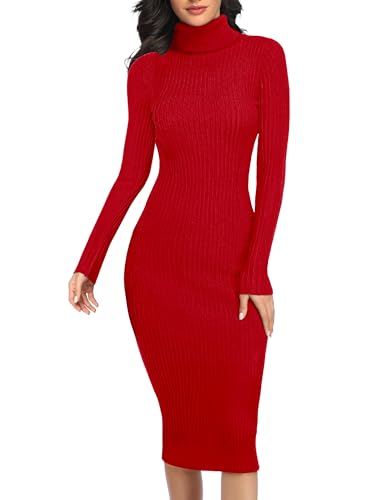 v28 Women Long Turtleneck Knit Stretchable Elasticity Long Sleeve Slim Fit Sweater Dress(M,Red)