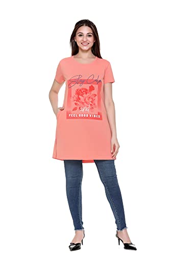 Image of Plush Women's Long Printed Cotton Round Neck Half Sleeve T-Shirt /Tshirts (DPL-PT-001)