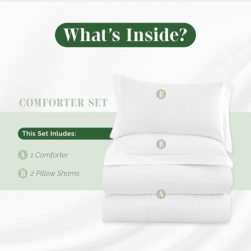 Image of Elegant Comfort 3-Piece Stripe Cotton Comforter Set - 100% Egyptian Cotton Premium Hotel Quality - Box Stitched, All Season Down Alternative Duvet Insert with Corner Tabs, Queen, White