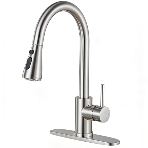 KINGO Kitchen Faucet, Brushed Nickel Kitchen Faucets with Pull Down Sprayer, High Arc Single Handle Stainless Steel Sink Faucets 1 or 3 Hole, Kitchen Sink Faucets for Farmhouse Camper Laundry Rv Bar