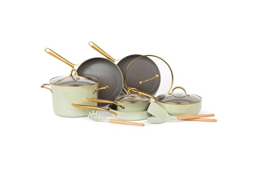 Peppersway Juego de utensilios de cocina antiadherentes de 13 piezas con utensilios, sin PFOA/PFAS/PTFE (salvia)