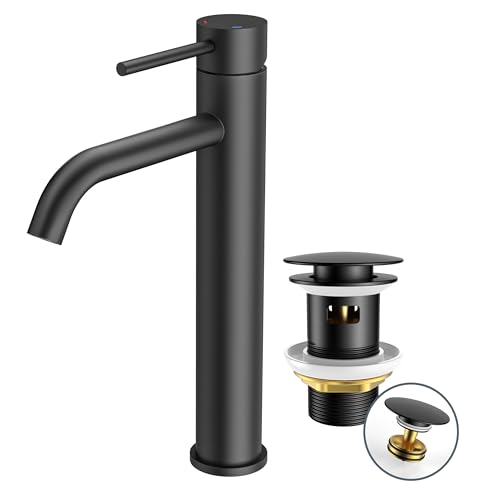 FORIOUS Robinet de Lavabo pour Salle de Bain avec Bonde de Vidage, Mitigeur Haut en Noir avec Hauteur de Bec de 190 mm, Mitigeur à Levier Unique pour Lavabo...
