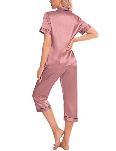 SWOMOG Satin Pajama Set Women Silk Pjs Set Short Sleeve 2 Piece Button Down Sleepwear Lounge Sets4