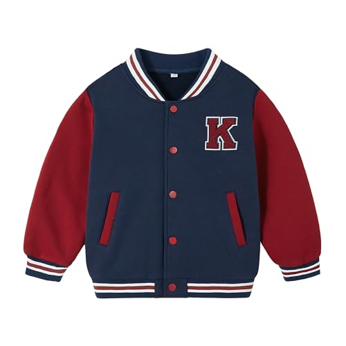 Image of Volunboy Kids Baseball Jacket Varsity Letterman Coat Fall Winter Fleece Bomber Vintage Outerwear