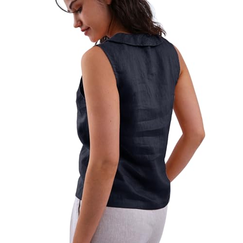 Amazhiyu Women's 100% Linen Summer Sleeveless Button-Down Tops Slight Crop Vest2
