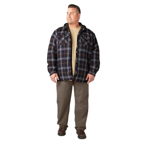 Dickies Men's Fleece Hooded Flannel Shirt Jacket with Hydroshield, Ink Navy/Chocolate Brown/Clear Blue Ombre, S