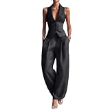 Women's 2 Piece Pants Set, Tailored Vest and Wide Leg Trousers (Black,Large)