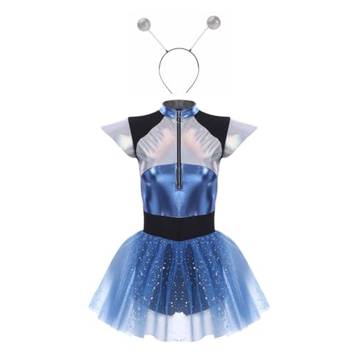 Alien Kostüm Damen Space Kostüm Damen Metallic Glänzendes Partykleid mit Alien Headband Stirnbänder Ärmellos Minikleid Weltall Space Girl Outfit Karneval Fasching Rave Glitzerkleid Faschingskostüme
