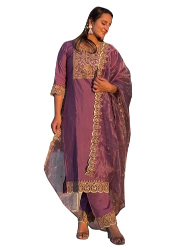 Image of VredeVogel Women's Silk Blend Embroidered Kurta with Pant & Silk Chiffon Dupatta Set