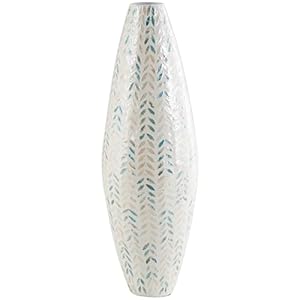 Deco 79 Mother of Pearl Shell Handmade Decorative Vase Tall Mosaic Centerpiece Vase with Blue Accents, Flower Vase for Home Decoration 10″ x 10″ x 33″, Cream