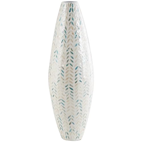 Deco 79 Mother of Pearl Shell Handmade Decorative Vase Tall Mosaic Centerpiece Vase with Blue Accents, Flower Vase for Home Decoration 10″ x 10″ x 33″, Cream