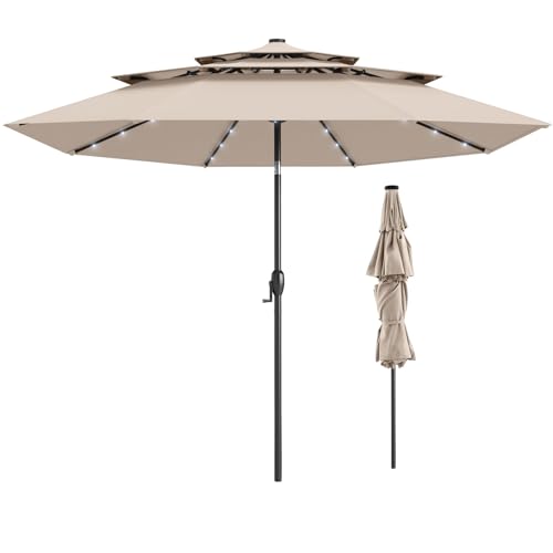 Image of TANGZON 3M Lighted Garden Parasol, 3-Tier Heavy Duty Offset Umbrella with 32 LED Lights, Crank Handle & Tilt Adjustment, Outdoor Cantilever Umbrella Sun Shade Canopy (Beige)