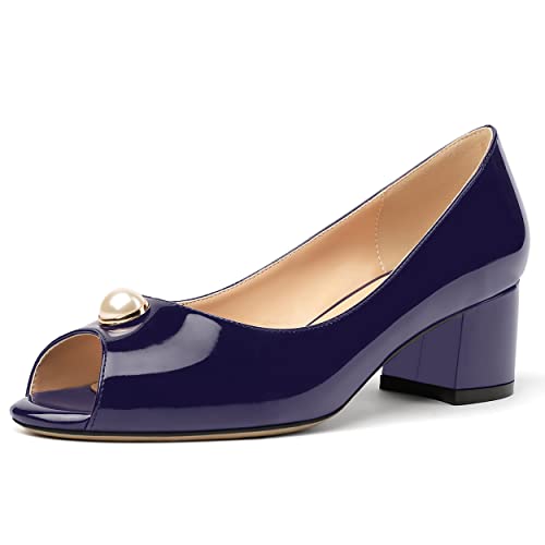 MODENCOCO Women's Slip On Solid Peep Toe Patent Chunky Low Heel Pumps Shoes 2 Inch