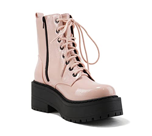 Image of Soda FLING Women Chunky Lug Sole Lace up Fashion Combat Ankle Boot w /Side Zipper