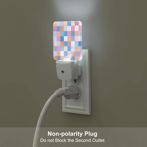 Image of Colorful Checkered LED Plug-in Night Light 2-Pack, Auto Sensor Wood Print Nightlights Set of 2 for Bedroom Bathroom Stairs