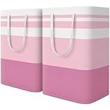 HomeHacks 2 Pack Large Laundry Baskets, Waterproof, Freestanding Laundry Hampers, Collapsible Clothes Hamper with Reinforced Handles in Laundry, College Dorm, Bathroom, Bedroom (Pink, 75Lx2)