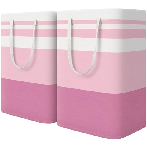 HomeHacks 2 Pack Large Laundry Baskets, Waterproof, Freestanding Laundry Hampers, Collapsible Clothes Hamper with Reinforced Handles in Laundry, College Dorm, Bathroom, Bedroom (Pink, 75Lx2)