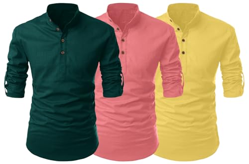 Image of FINIVO FASHION Combo of Men's Cotton Blend Solid Regular Fit Full Sleeve Straight Short Kurta Shirt, Casual and Formal Wear