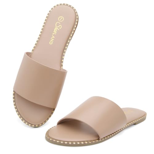 Image of Shoe Land Flat Sandals for Women - Slip-On Slides with Cushioned Footbed | Comfortable Dressy & Casual Open Toe Summer Sandals for Beach, Travel & Everyday Wear