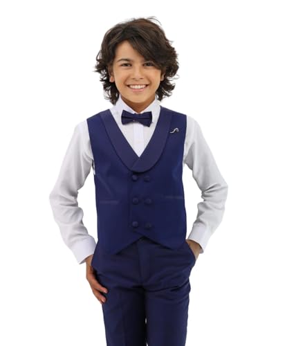 Baby & Boys Shawl Lapel Navy Dotted Vest Suit Set for Weddings & Special Occasions