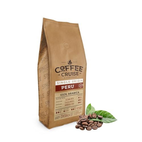 COFFEE CRUISE Peru Coffee Beans 1kg - Light Roasting - Aroma Caramel and Herbal - For All Coffee Machines - 100% Arabica