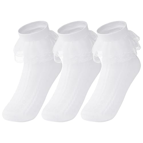 Dxhycc 3 Pairs Girls White Ruffle Socks Cute Ruffled Lace Dress Socks for Toddler Little Girls