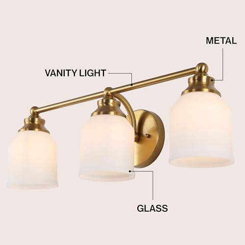 Image of JONATHAN Y 24 inch Brass Gold /White Modern Farmhouse LED Vanity Light Wall Sconce Fixture, Frosted White Glass Shade, Dimmable Wall Lamp for Bathroom Mirror Kitchen Sink, UL Listed (JYL7551B)
