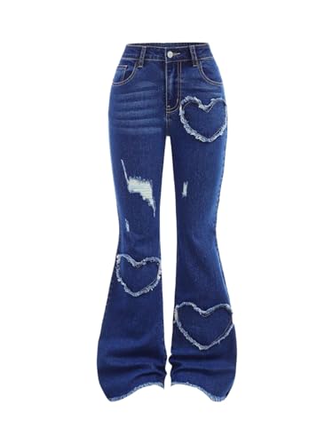 GORGLITTER Girl's Heart Ripped Jeans Y2k Distressed Flare Leg Denim Pants