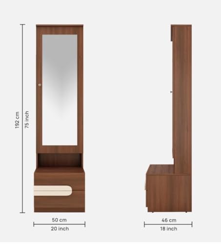 Image of CASPIAN Engineered Wood Single Door Wooden Vanity Dressing Table (Rainforest Brown) | Pre-Assembled Furniture with Mirror | Bedroom Storage for Makeup & Accessories Organizer | 6 Shelves & 2 Drawers