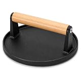 Prensa de Ferro Fundido para Carnes Hambúrguer Bacon Frango e Sanduíches 17 cm com Base Ranhurada e Alça de Madeira para Chapa Grill Frigideira e Grelhados