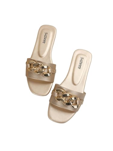 Floerns Women's Chain Flat Sandals Dressy Open Toe Slip on Summer Beach Slides Sandals Champagne 7