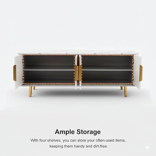 Image of Sonic Console Table, White Marble Top, Charcoal Louvers, Gold Accents, 66 x 15 x 22 Inch, Modern Entryway Storage Cabinet, Waterproof Plywood, PVD-Coated Legs, Elegant TV Unit